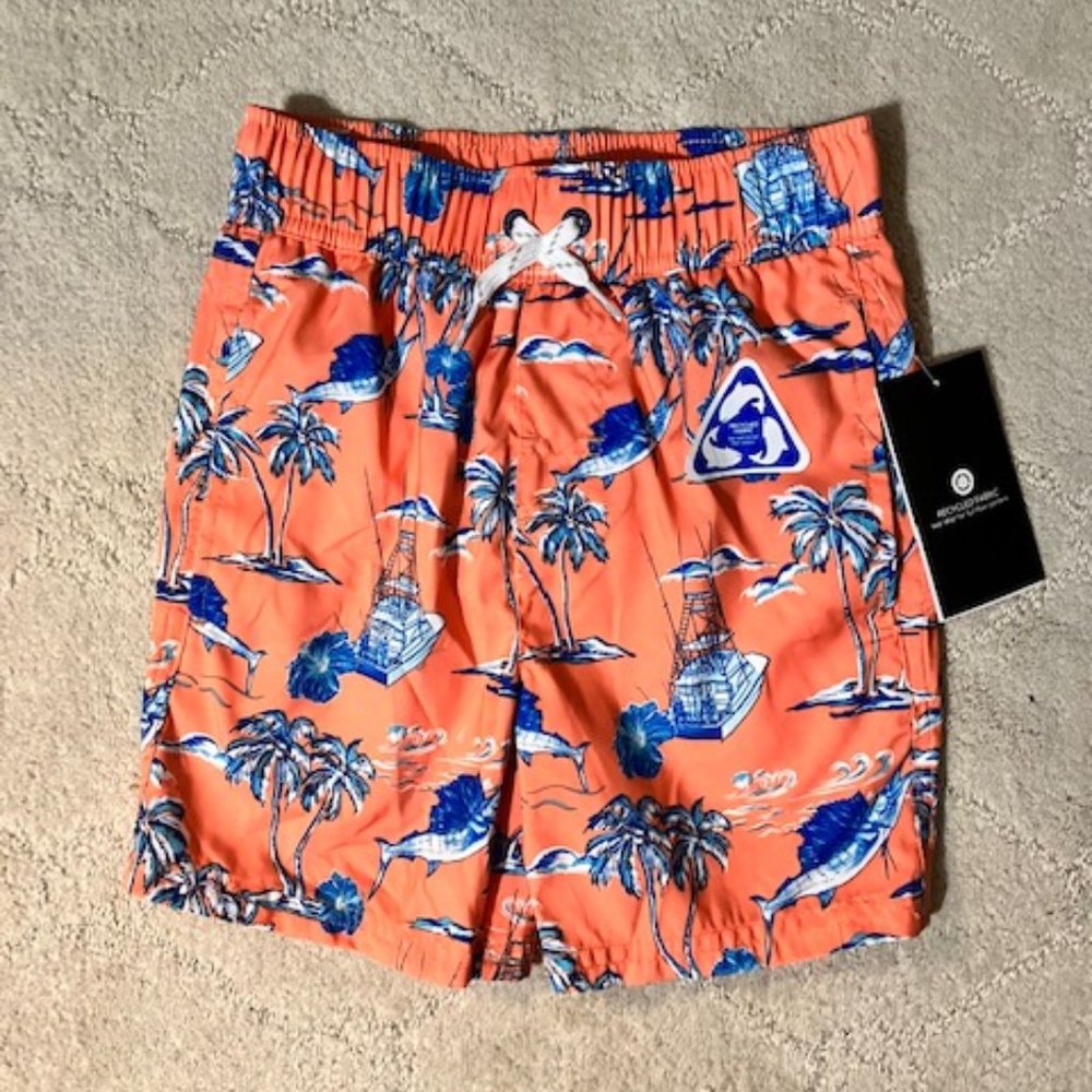 NWT!  OCEAN +COAST -Boy's Size 4 Swim Trunks -Tropical Print - Orange/Blue/White